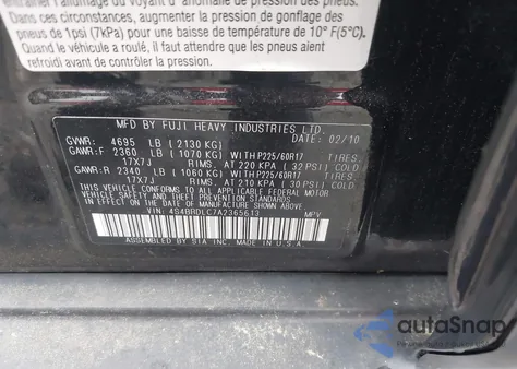 2010 Subaru Outback 3.6R Limited from USA, damaged, VIN 4S4BRDLC7A2365613